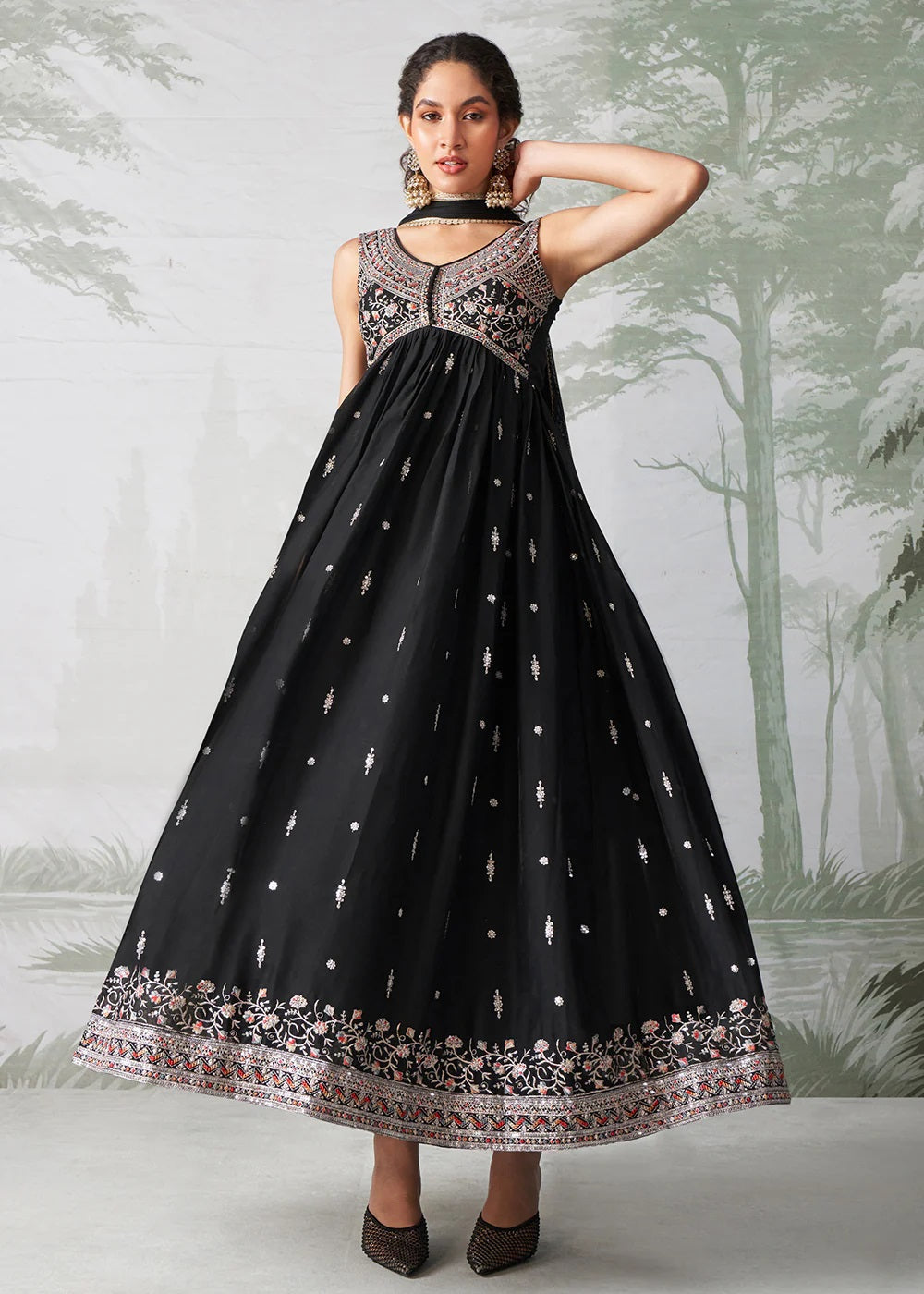 Black Multi Thread Embroidered Georgette Anarkali Style Suit