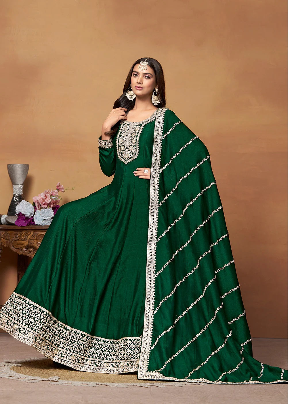Emerald Elegance Green Embroidered Festive Anarkali Suit